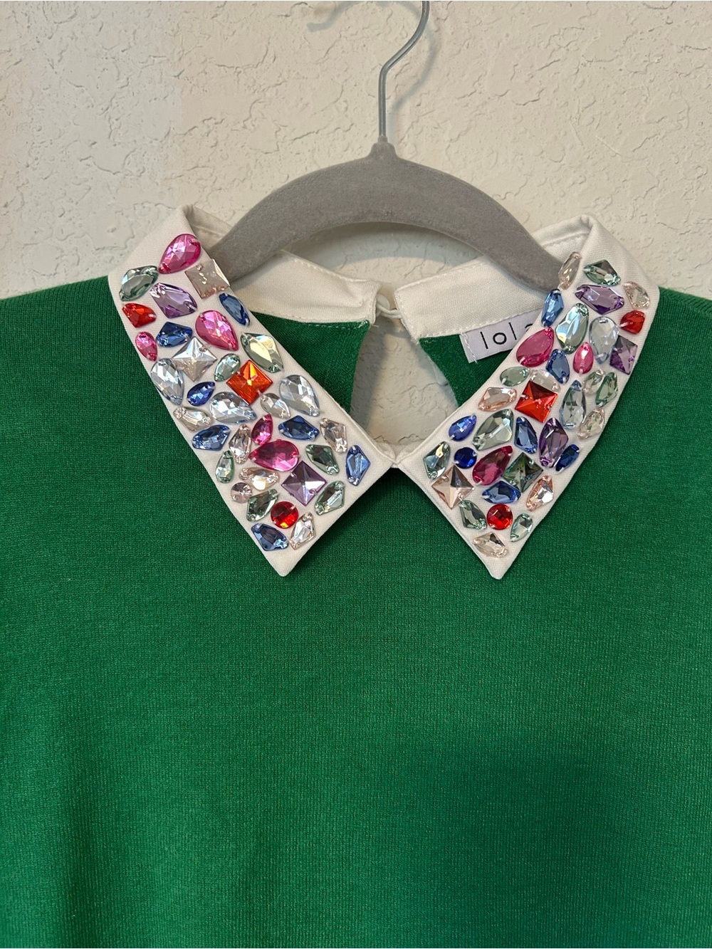 lola Green Crewneck Sweater with Jeweled Collar Party Top Maximalist M-L - Picture 3 of 8